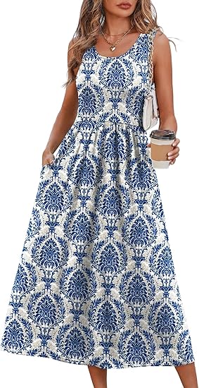 Summer Dresses for Women Flowy Casual Midi Dress Beach Vacation Sundresses with Pockets